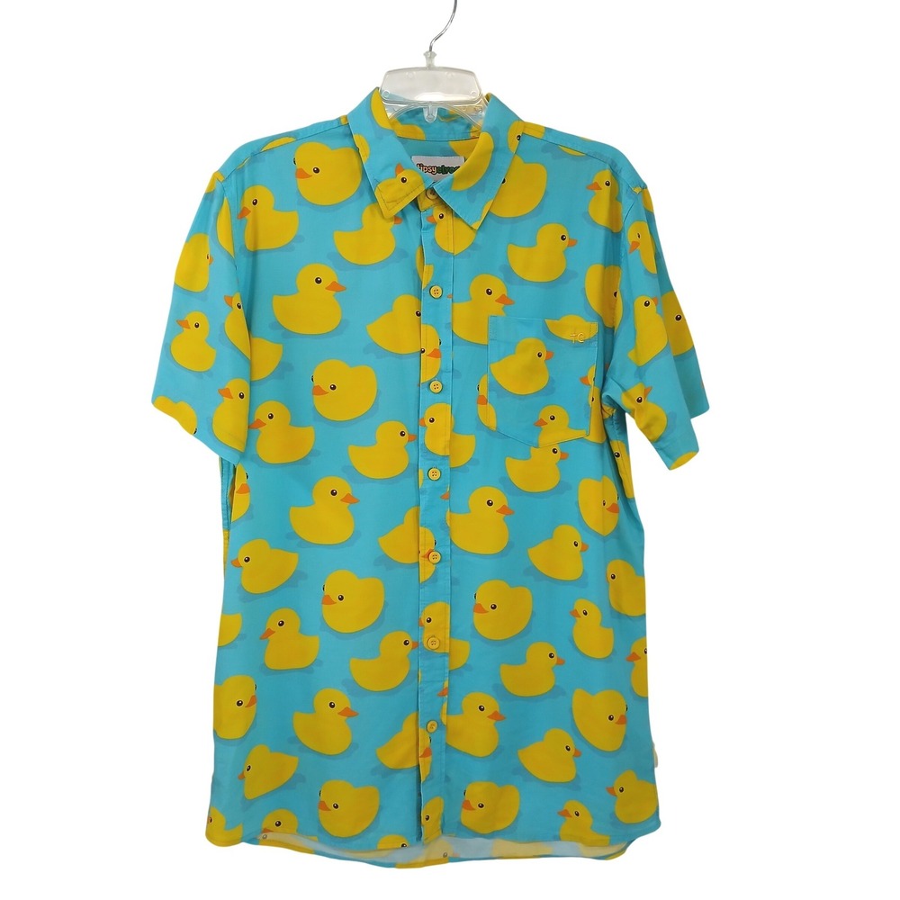 Tipsy Elves Mens Medium Rubber Ducky Print Short Sleeve Button Down Shirt Blue